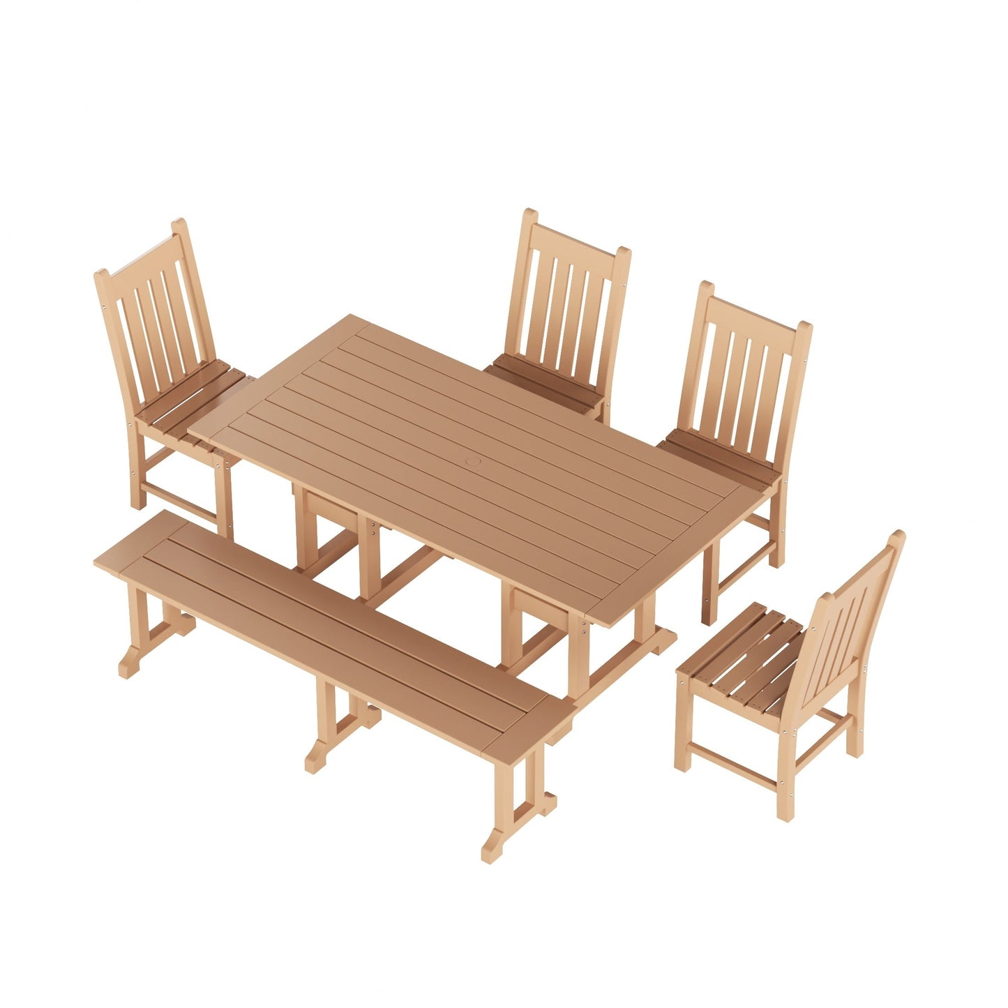 Set da pranzo per esterni Polytrends Laguna HDPE per tutte le stagioni con tavolo rettangolare, sedie laterali e panca (set da 6 pezzi)