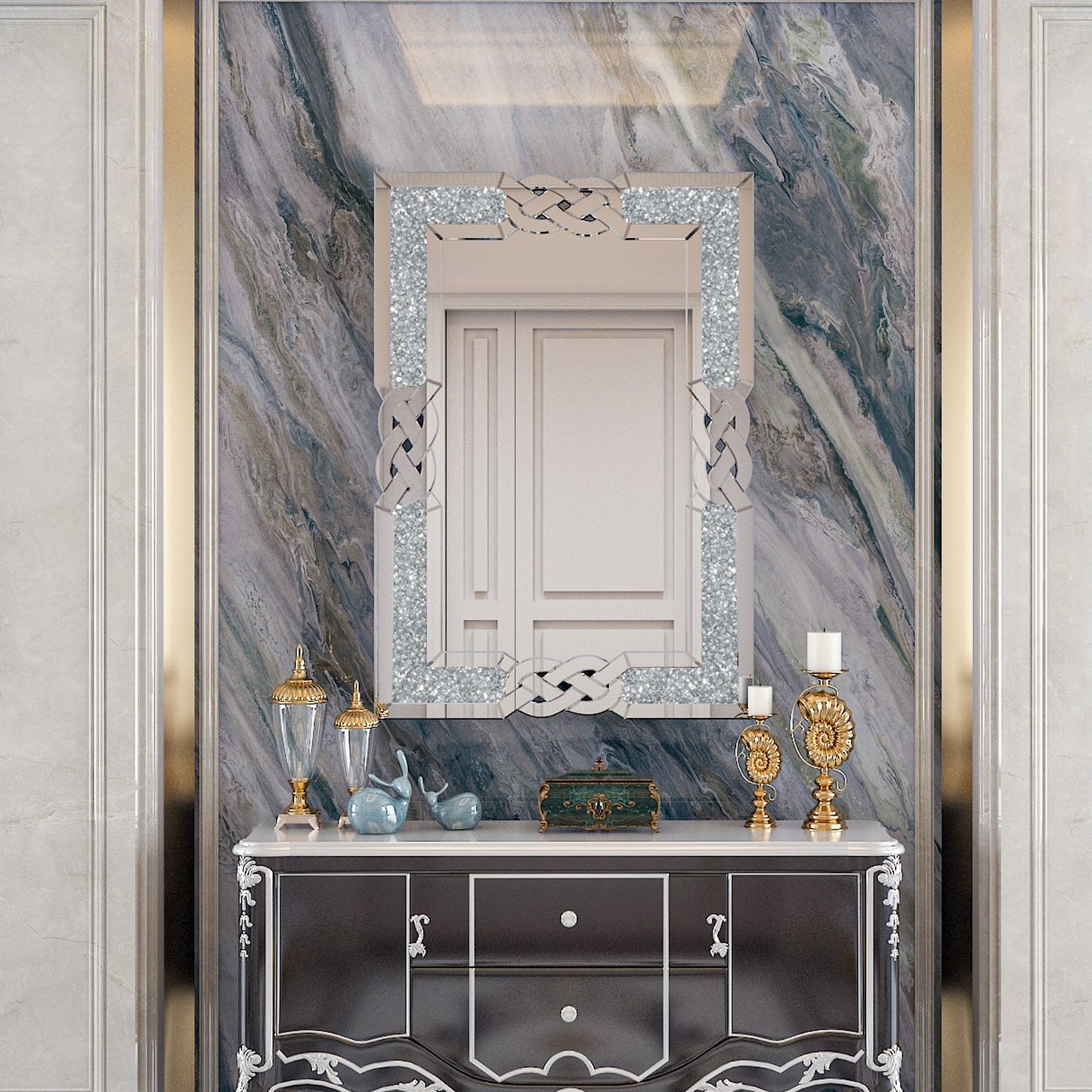 Grande specchio da parete a incastro con perline di cristallo rettangolare