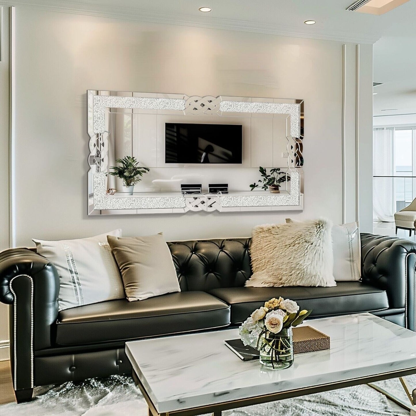 Grande specchio da parete a incastro con perline di cristallo rettangolare