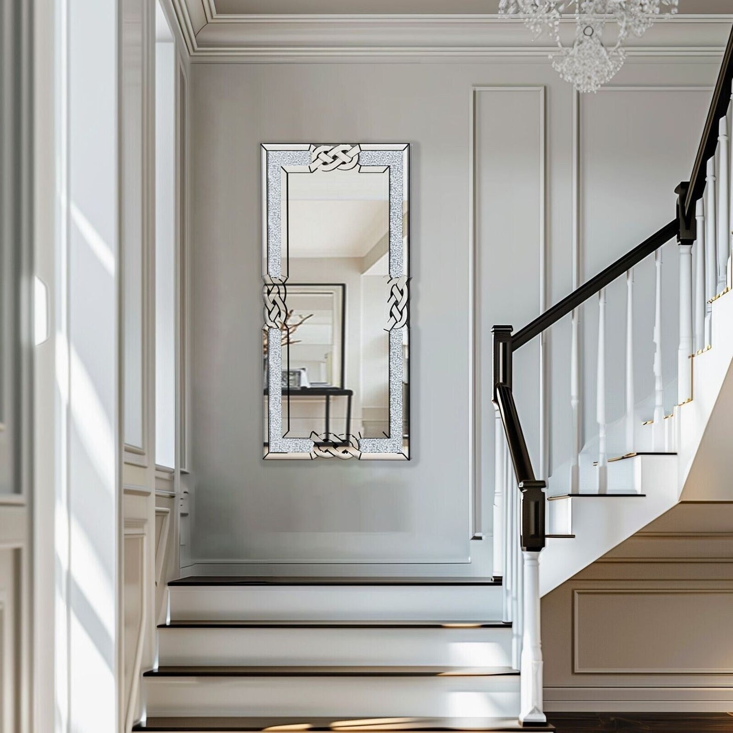 Grande specchio da parete a incastro con perline di cristallo rettangolare