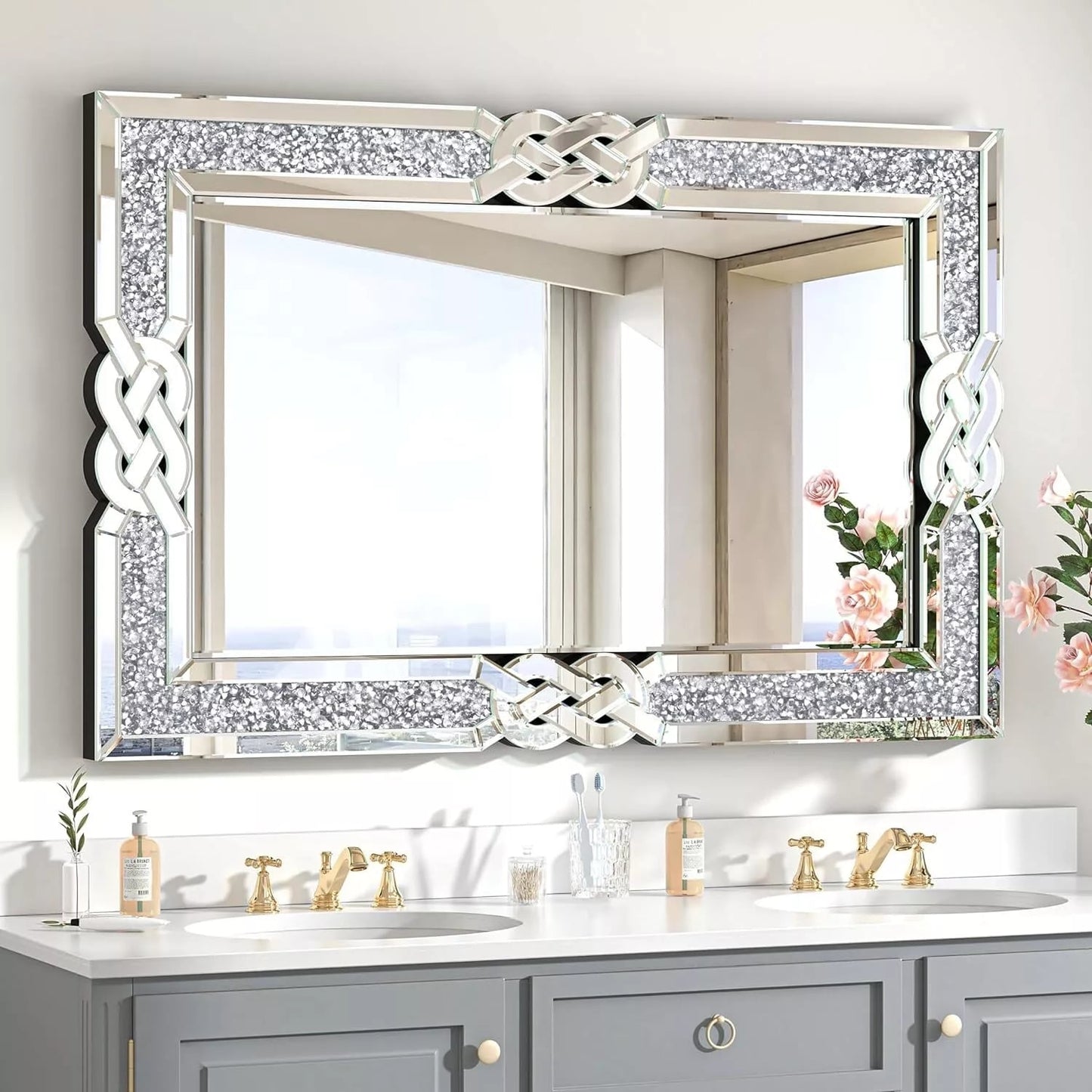 Grande specchio da parete a incastro con perline di cristallo rettangolare