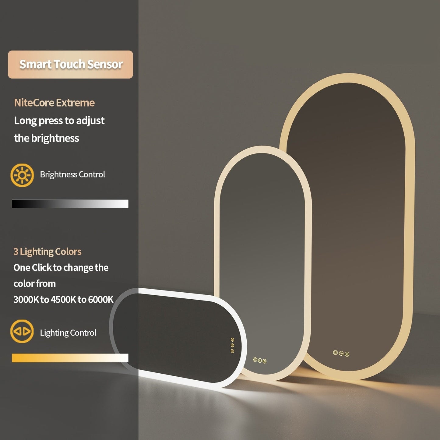 Specchio da parete per bagno ovale grande senza cornice a LED, retroilluminato, dimmerabile, antiappannamento