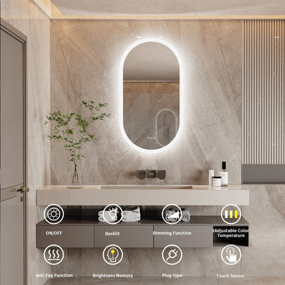 Specchio da parete per bagno ovale grande senza cornice a LED, retroilluminato, dimmerabile, antiappannamento