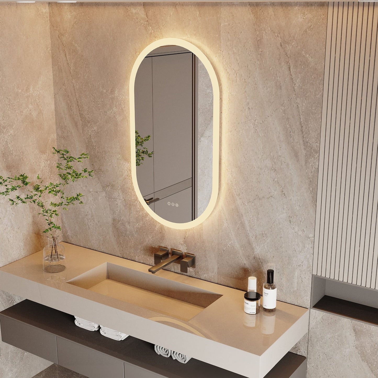 Specchio da parete per bagno ovale grande senza cornice a LED, retroilluminato, dimmerabile, antiappannamento