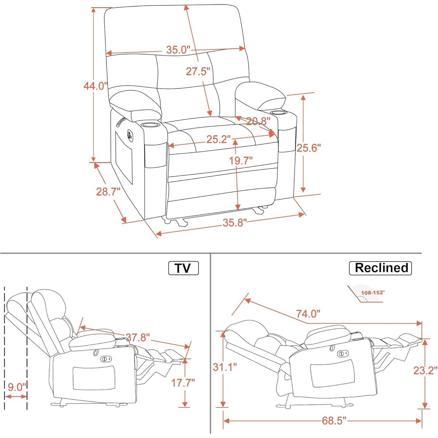 Poltrona reclinabile elettrica in similpelle di grandi dimensioni con riscaldamento e massaggio, portabicchieri, porta USB