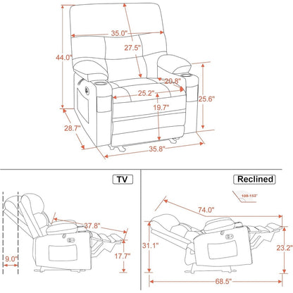 Poltrona reclinabile elettrica in similpelle di grandi dimensioni con riscaldamento e massaggio, portabicchieri, porta USB