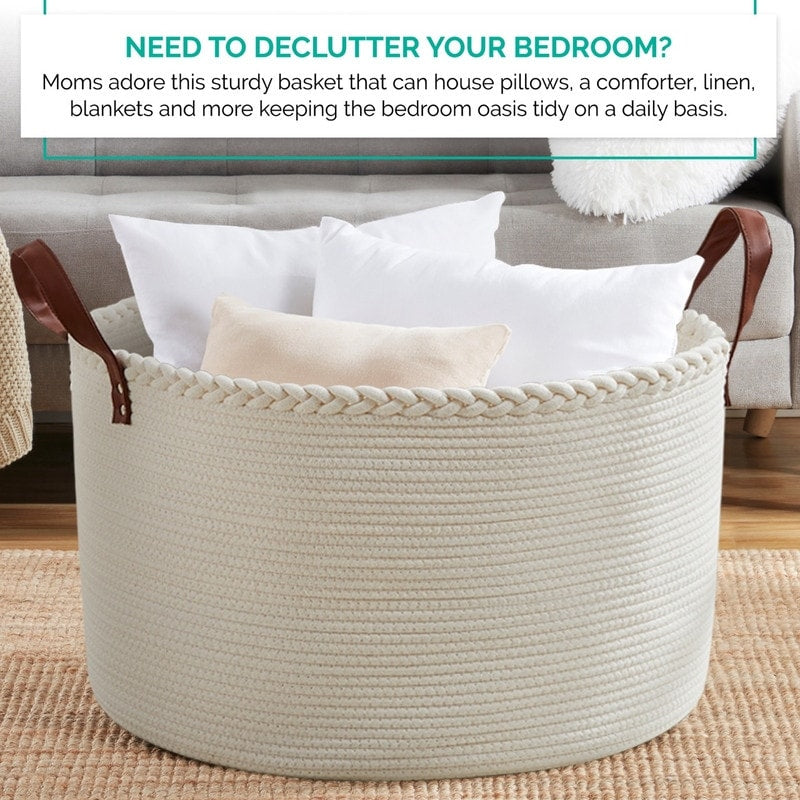 Grande cesto portabiancheria rotondo in corda di cotone con manici in pelle, 21 x 21 x 14 - 21 x 21 x 14