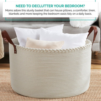 Grande cesto portabiancheria rotondo in corda di cotone con manici in pelle, 21 x 21 x 14 - 21 x 21 x 14