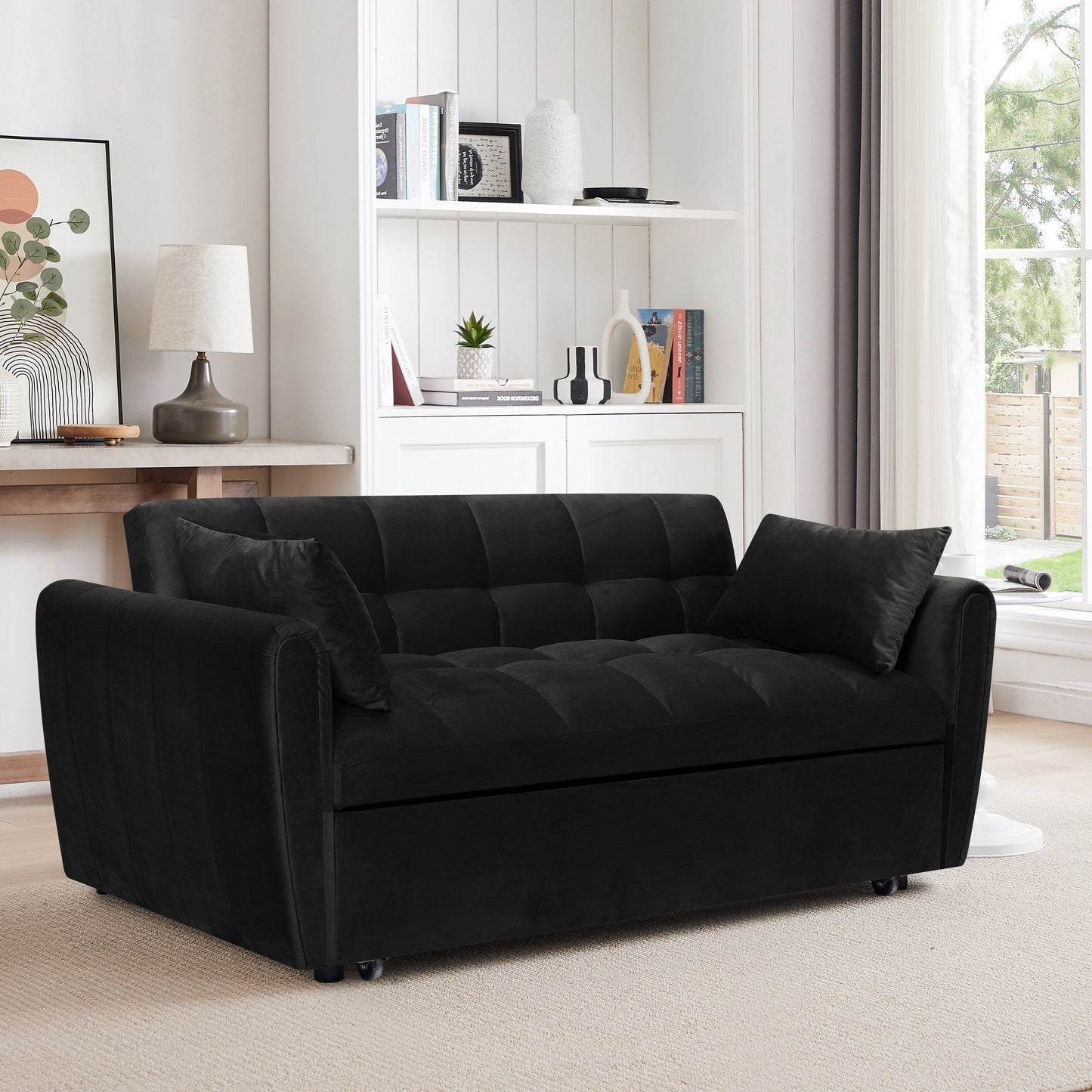 Divano letto grande in velluto con schienale regolabile - Design salvaspazio 3 in 1 per soggiorni o camere da letto