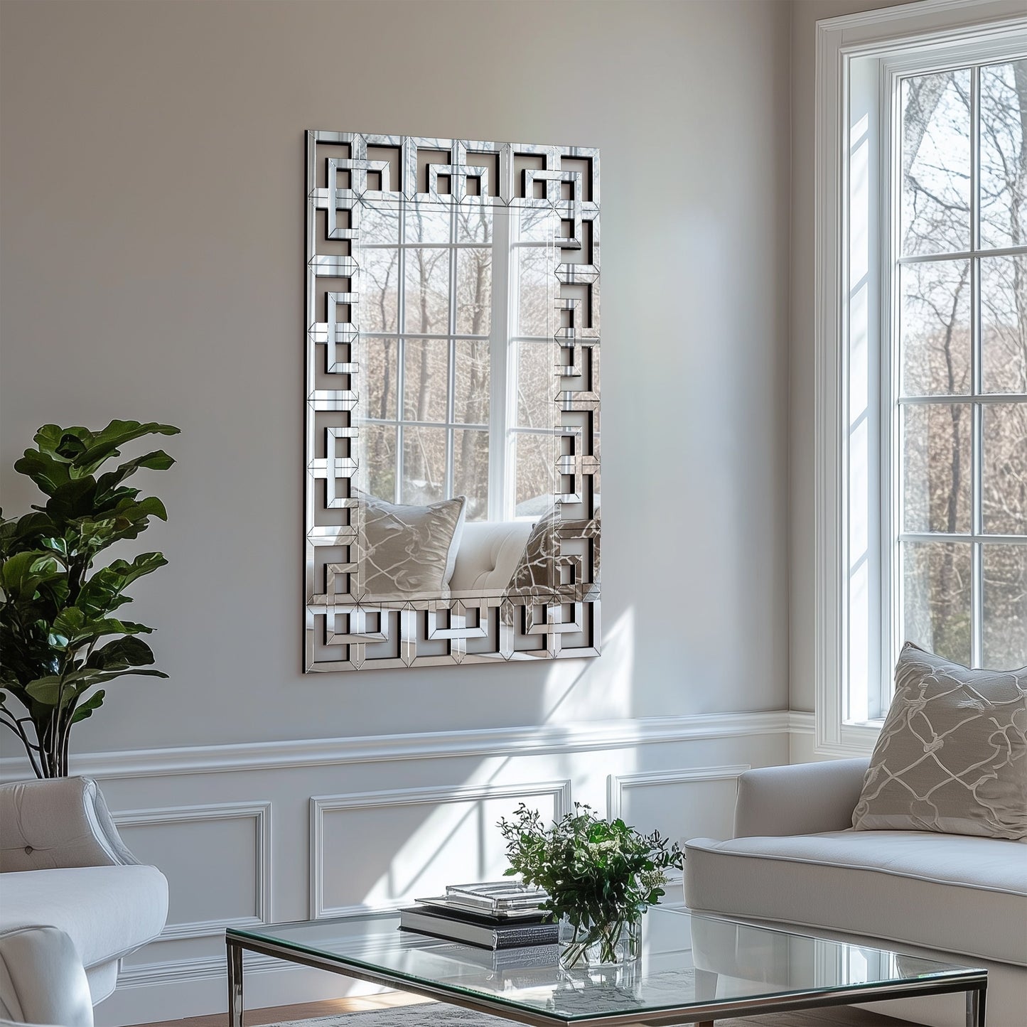 Grande specchio da parete con cornice geometrica e accenti argentati