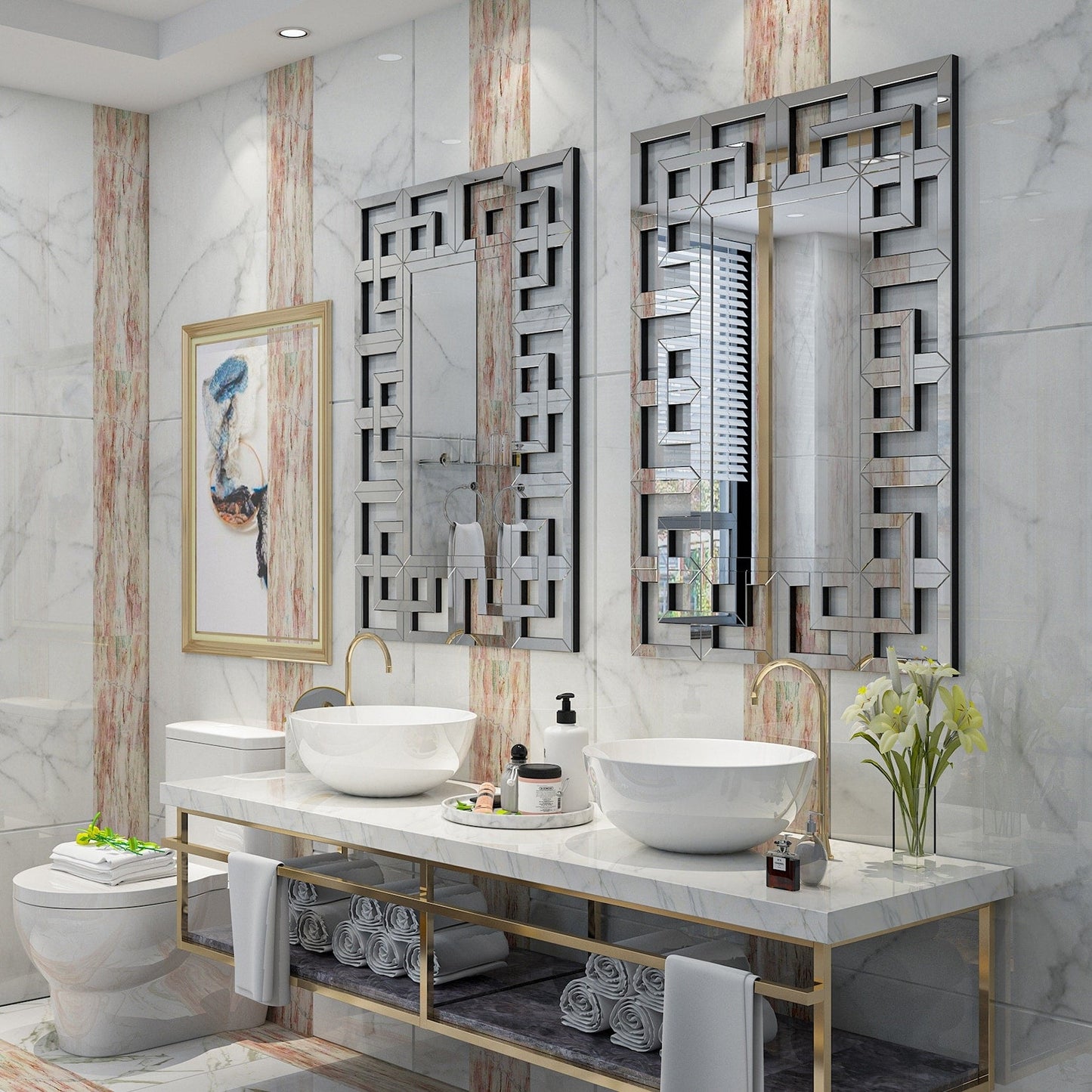 Grande specchio da parete con cornice geometrica e accenti argentati