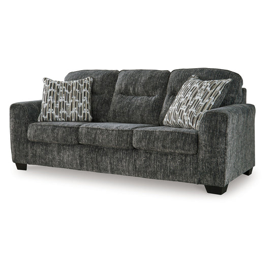 Divano Layla, extra morbido in poliestere grigio scuro, 2 cuscini decorativi, 90 pollici