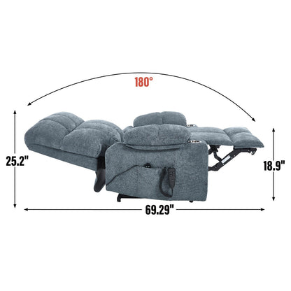 Poltrona reclinabile elettrica Lazy Boy a doppio motore in ciniglia con massaggio e riscaldamento lombare, doppio portabicchieri, grigio-blu