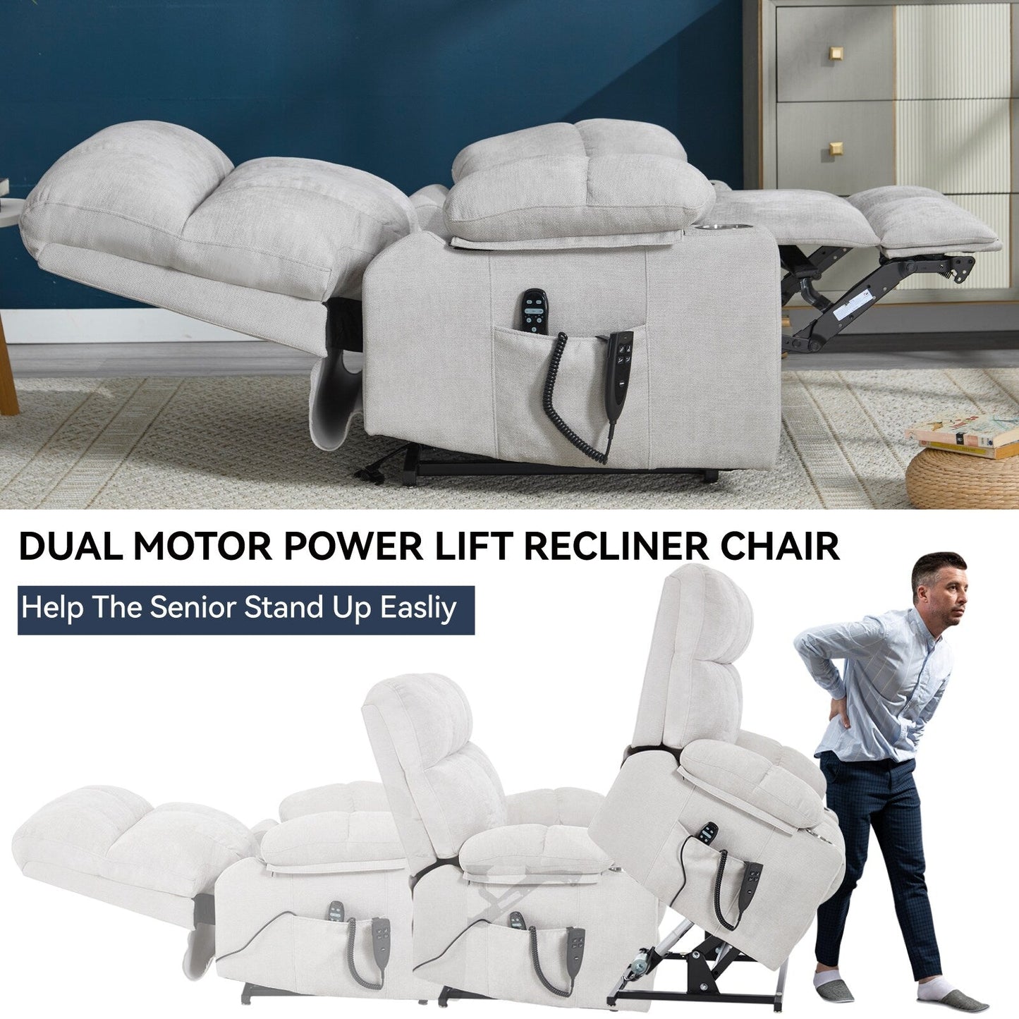 Poltrona reclinabile elettrica Lazy Boy a doppio motore in ciniglia con massaggio e riscaldamento lombare, doppio portabicchieri, grigio-blu