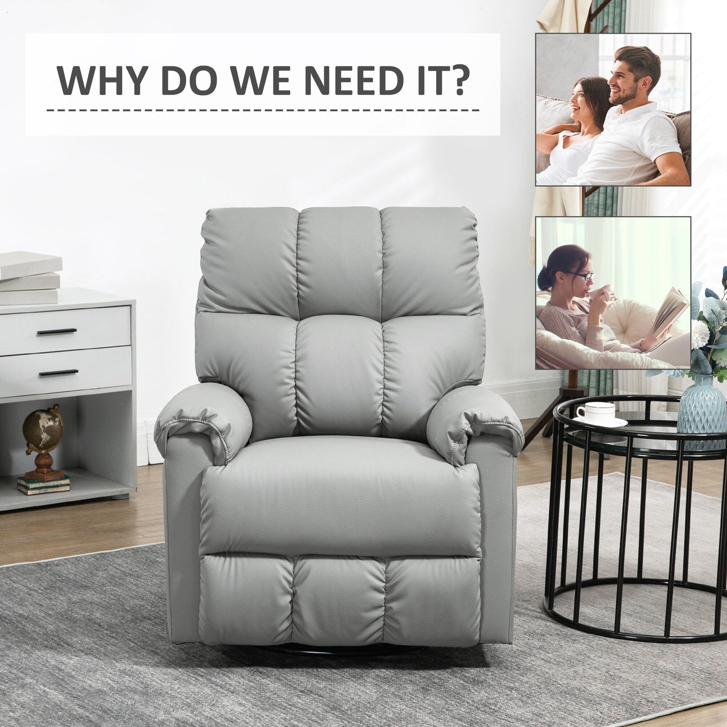 Poltrona reclinabile a dondolo in pelle con rotazione a 360°, comfort imbottito, poggiapiedi e funzione di reclinazione manuale