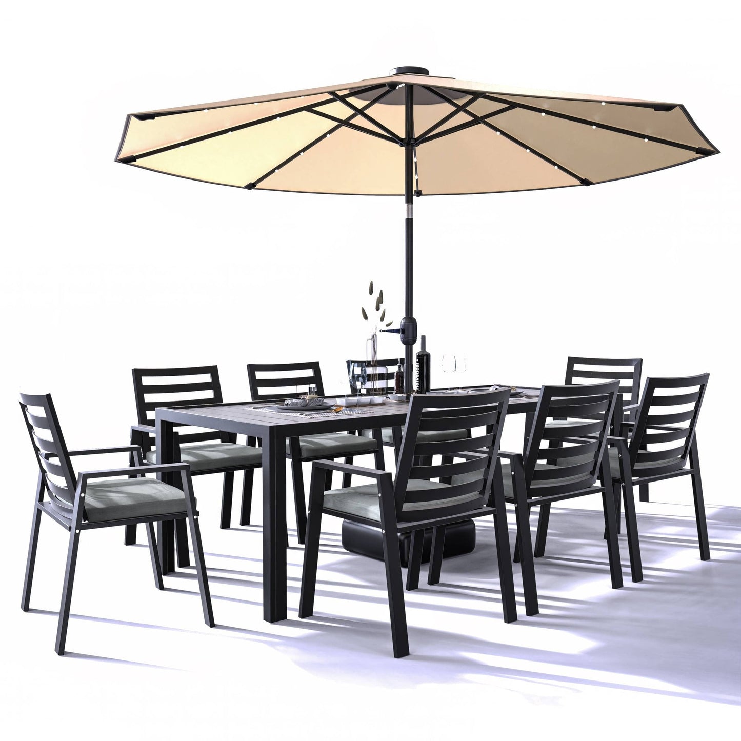 Set da pranzo da esterno da 9 pezzi in alluminio nero serie Chelsea di LeisureMod