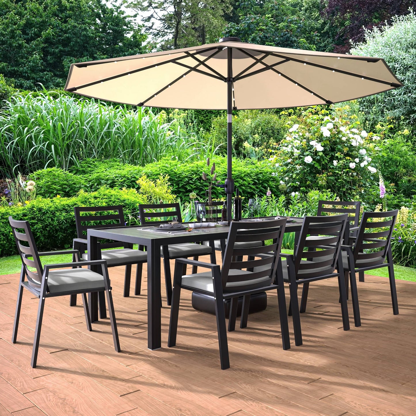Set da pranzo da esterno da 9 pezzi in alluminio nero serie Chelsea di LeisureMod