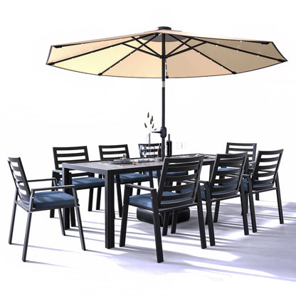 Set da pranzo da esterno da 9 pezzi in alluminio nero serie Chelsea di LeisureMod
