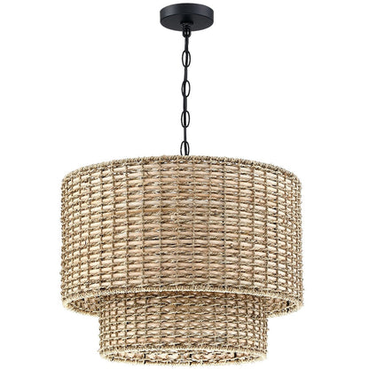 Lampadario a tamburo in rattan a 4 livelli Lennie da 20 pollici con baldacchino nero - 20 pollici di larghezza - 20 pollici di larghezza