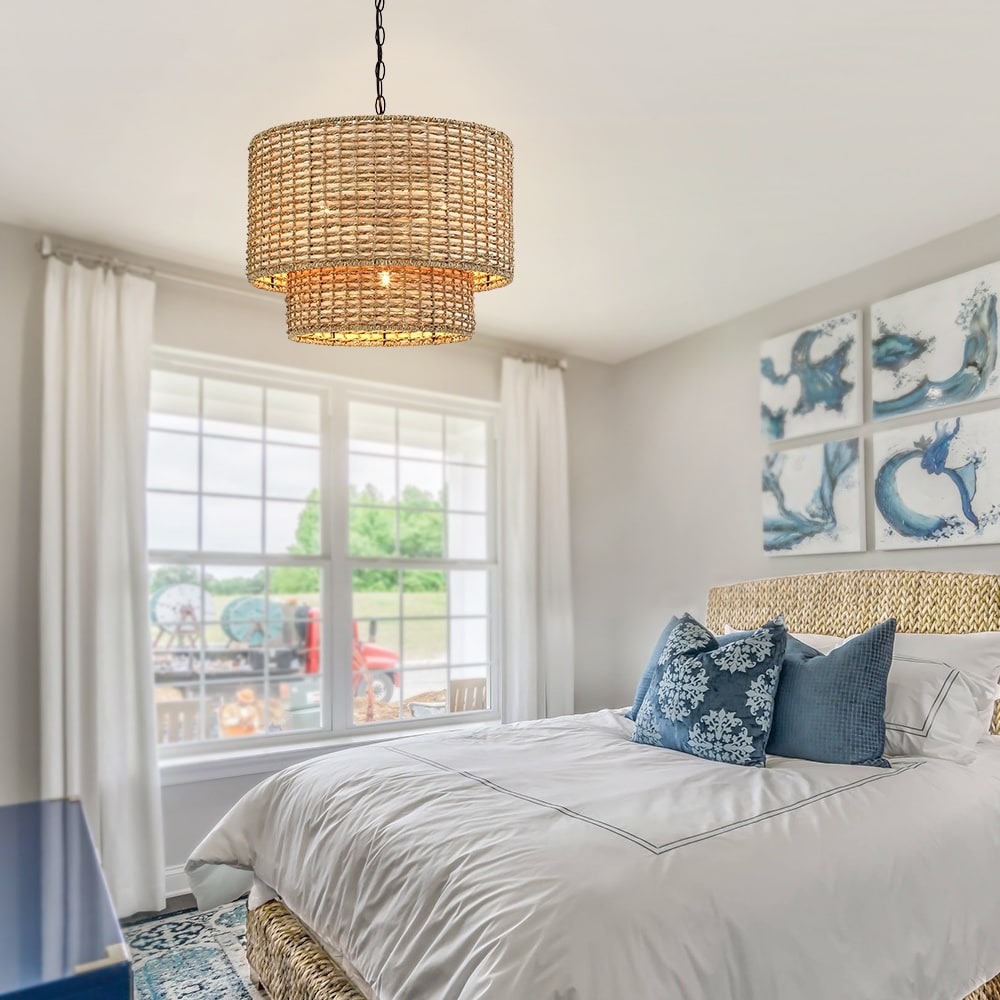 Lampadario a tamburo in rattan a 4 livelli Lennie da 20 pollici con baldacchino nero - 20 pollici di larghezza - 20 pollici di larghezza