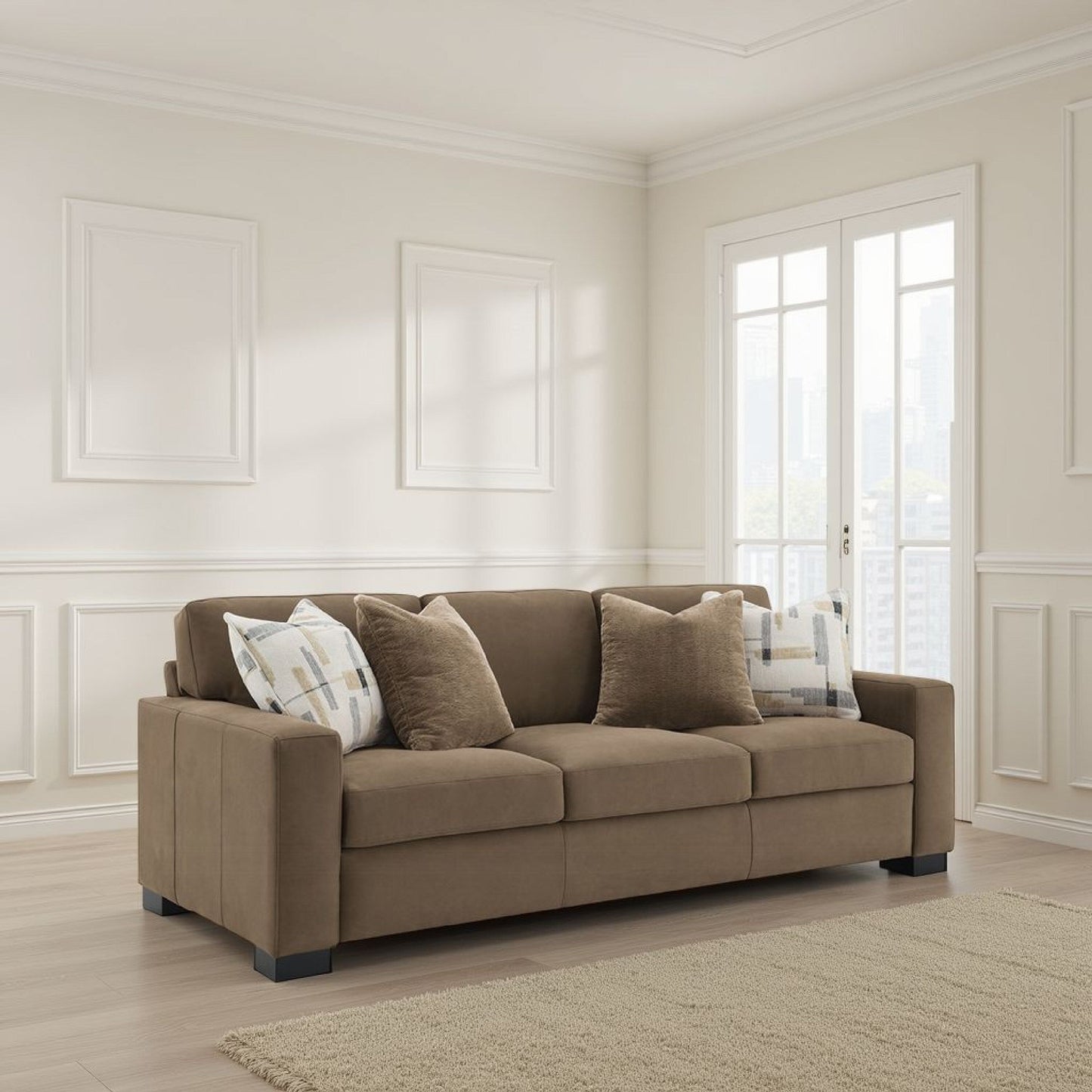 Divano moderno Lenu con 4 cuscini decorativi, tessuto scamosciato marrone morbido, 89 pollici