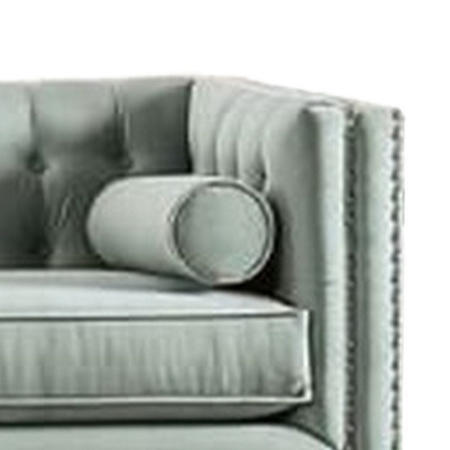 Divano Leone, trapuntato blu acqua, 2 cuscini a rullo, borchie, 93 pollici