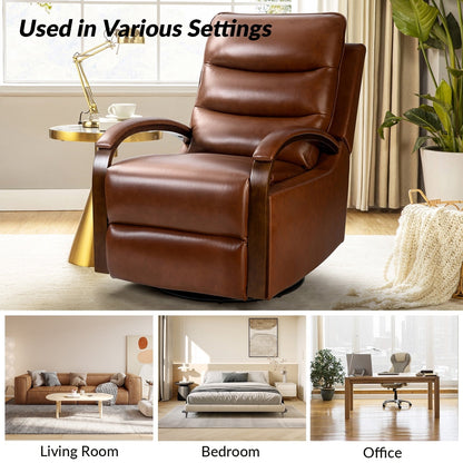 Poltrona girevole a dondolo reclinabile manuale Leopold in vera pelle con braccioli in legno, set da 2 di HULALA HOME