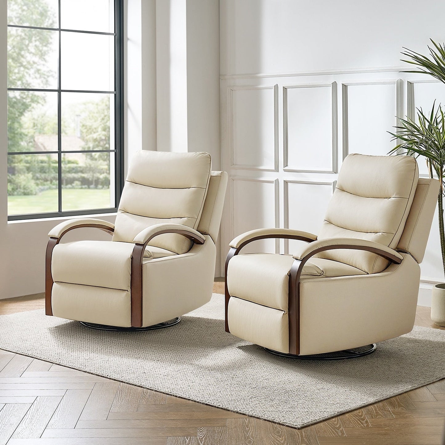 Poltrona girevole a dondolo reclinabile manuale Leopold in vera pelle con braccioli in legno, set da 2 di HULALA HOME