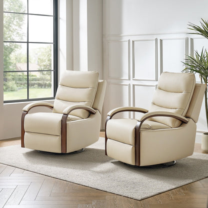 Poltrona girevole a dondolo reclinabile manuale Leopold in vera pelle con braccioli in legno, set da 2 di HULALA HOME