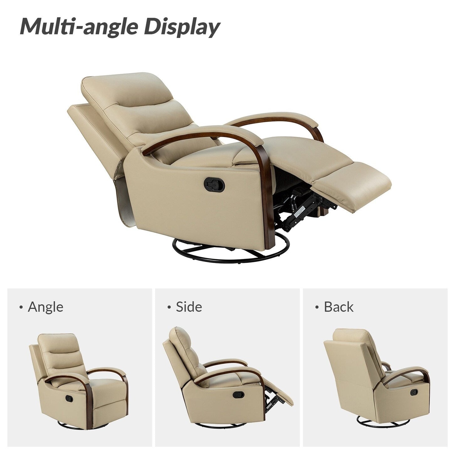 Poltrona girevole a dondolo reclinabile manuale Leopold in vera pelle con braccioli in legno, set da 2 di HULALA HOME