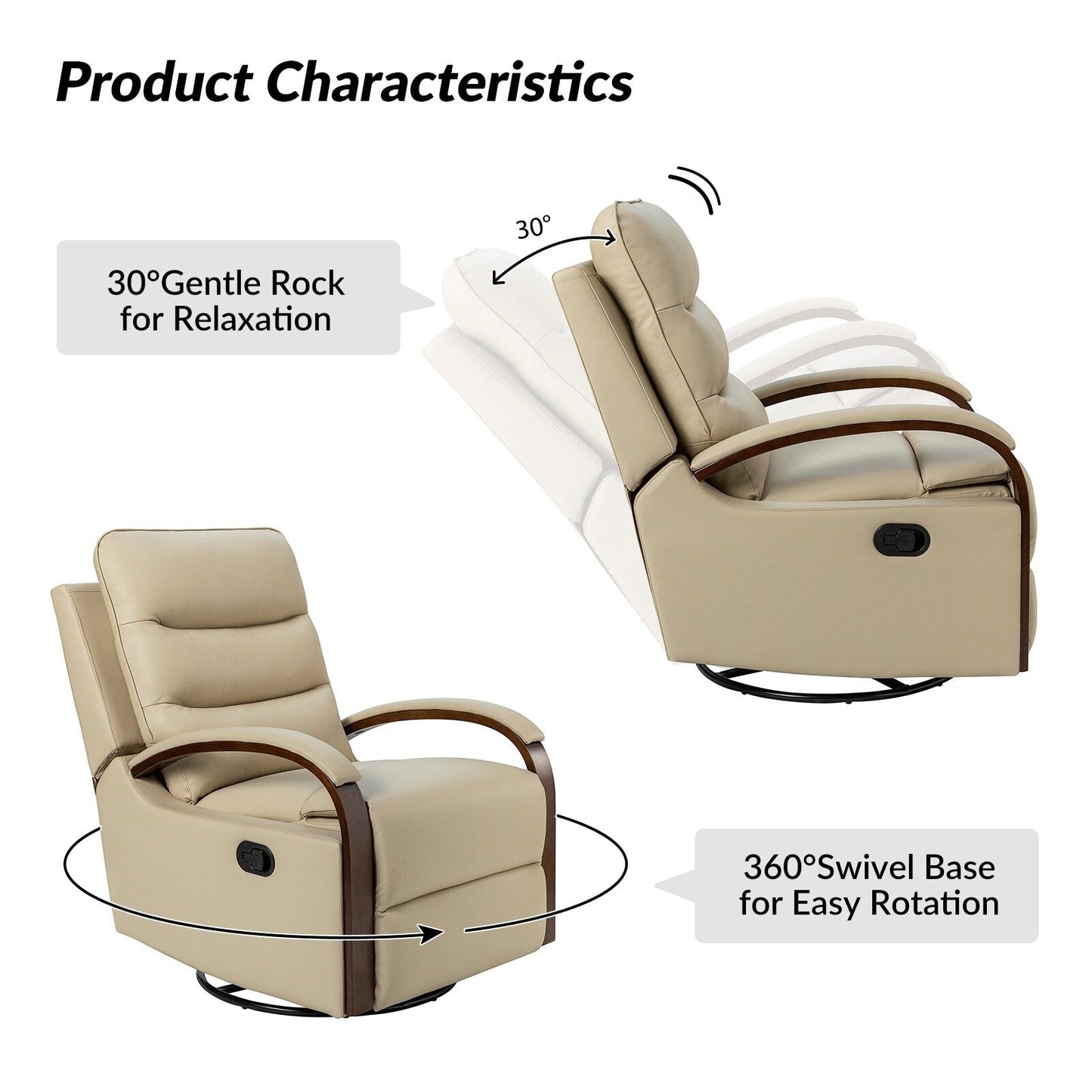 Poltrona girevole a dondolo reclinabile manuale Leopold in vera pelle con braccioli in legno, set da 2 di HULALA HOME