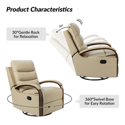 Poltrona girevole a dondolo reclinabile manuale Leopold in vera pelle con braccioli in legno, set da 2 di HULALA HOME