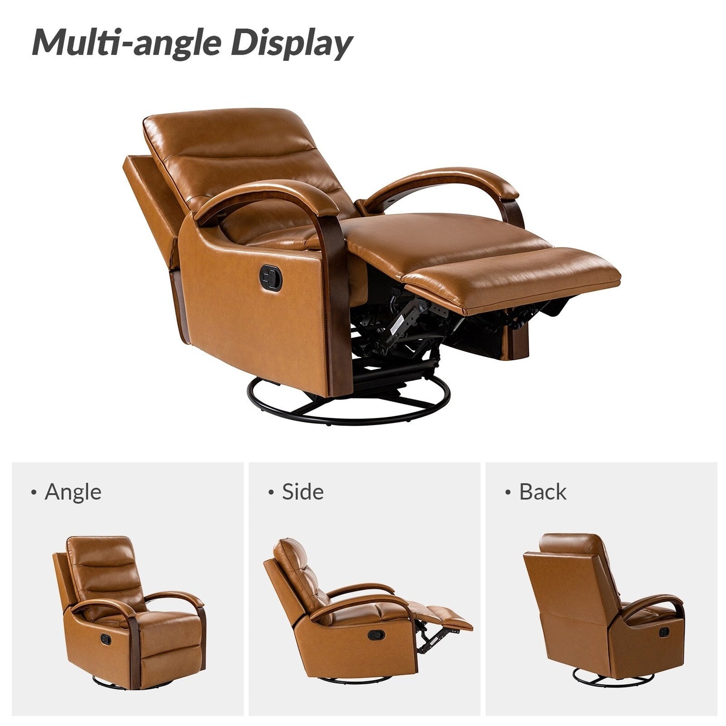 Poltrona girevole a dondolo reclinabile manuale Leopold in vera pelle con braccioli in legno, set da 2 di HULALA HOME