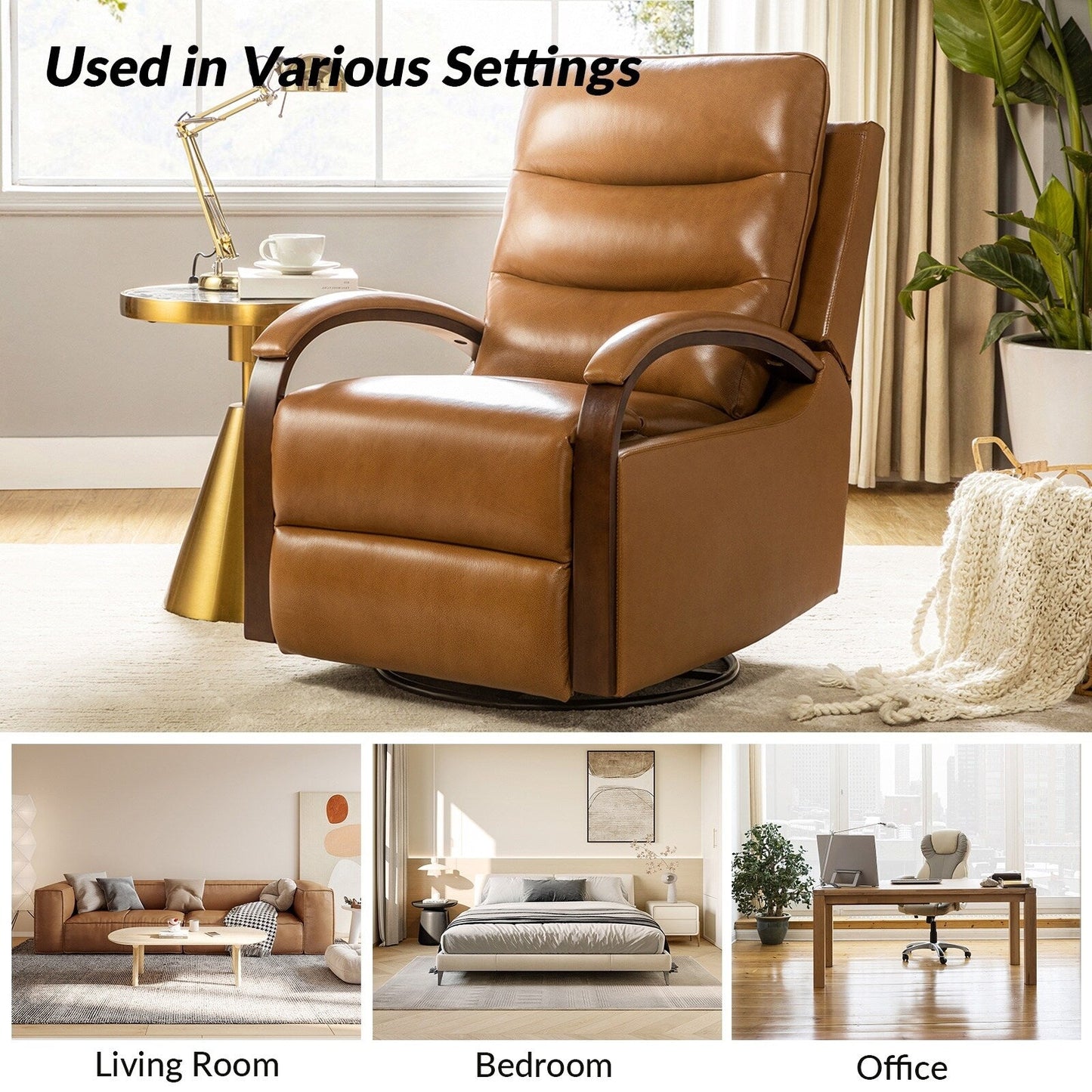 Poltrona girevole a dondolo reclinabile manuale Leopold in vera pelle con braccioli in legno, set da 2 di HULALA HOME