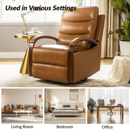 Poltrona girevole a dondolo reclinabile manuale Leopold in vera pelle con braccioli in legno, set da 2 di HULALA HOME