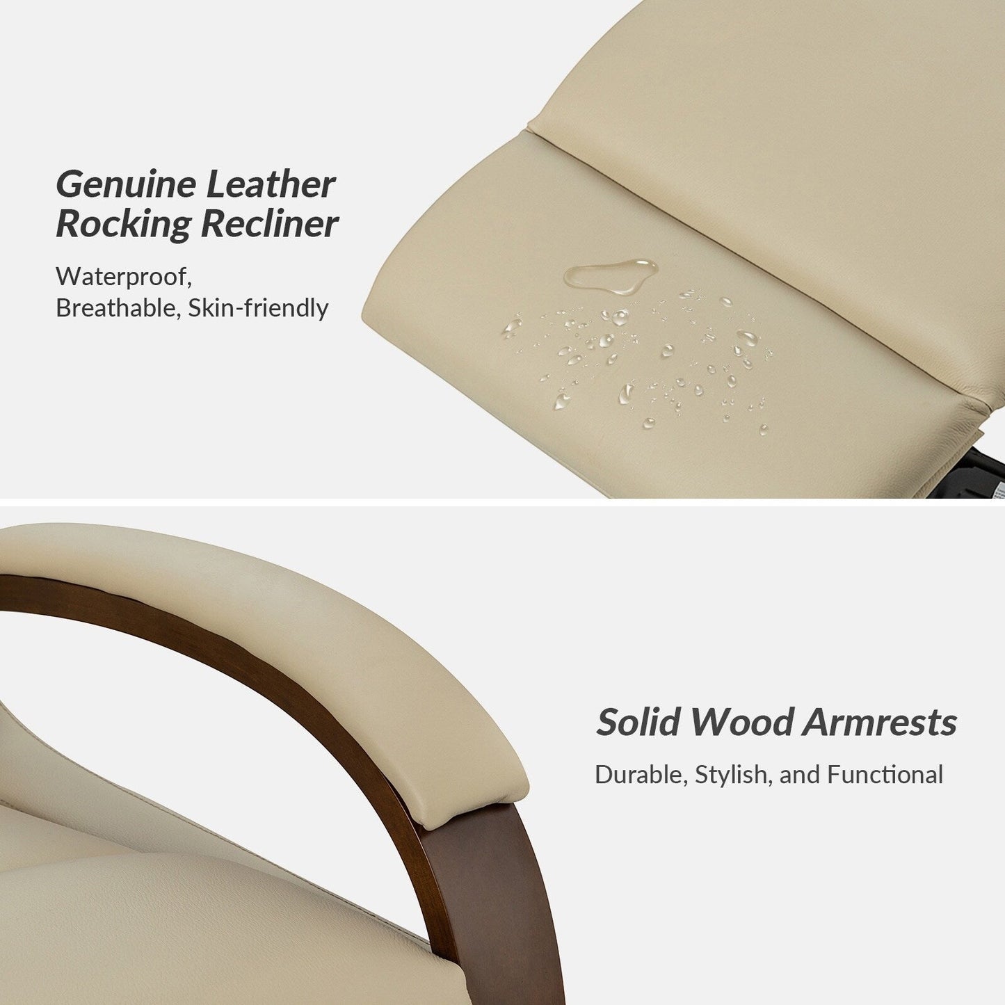 Poltrona girevole a dondolo reclinabile manuale Leopold in vera pelle con braccioli in legno, set da 2 di HULALA HOME