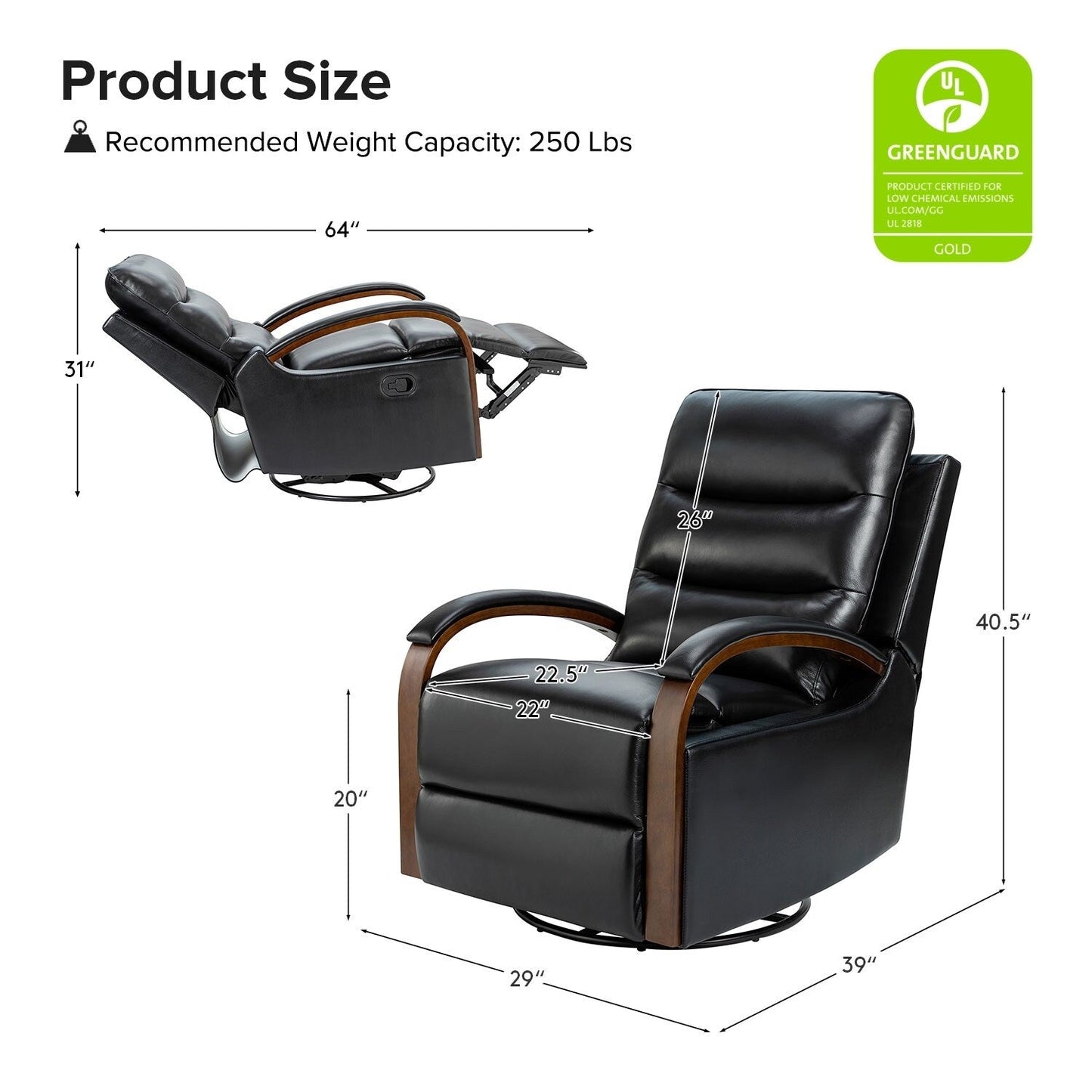 Poltrona girevole a dondolo reclinabile manuale Leopold in vera pelle con braccioli in legno, set da 2 di HULALA HOME