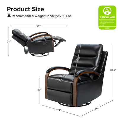 Poltrona girevole a dondolo reclinabile manuale Leopold in vera pelle con braccioli in legno, set da 2 di HULALA HOME