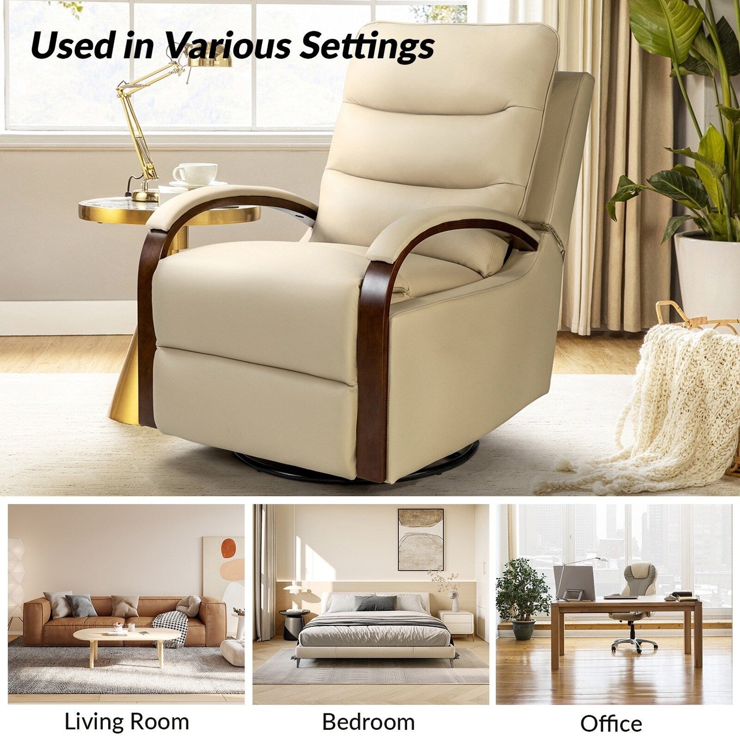 Poltrona girevole a dondolo reclinabile manuale Leopold in vera pelle con braccioli in legno, set da 2 di HULALA HOME