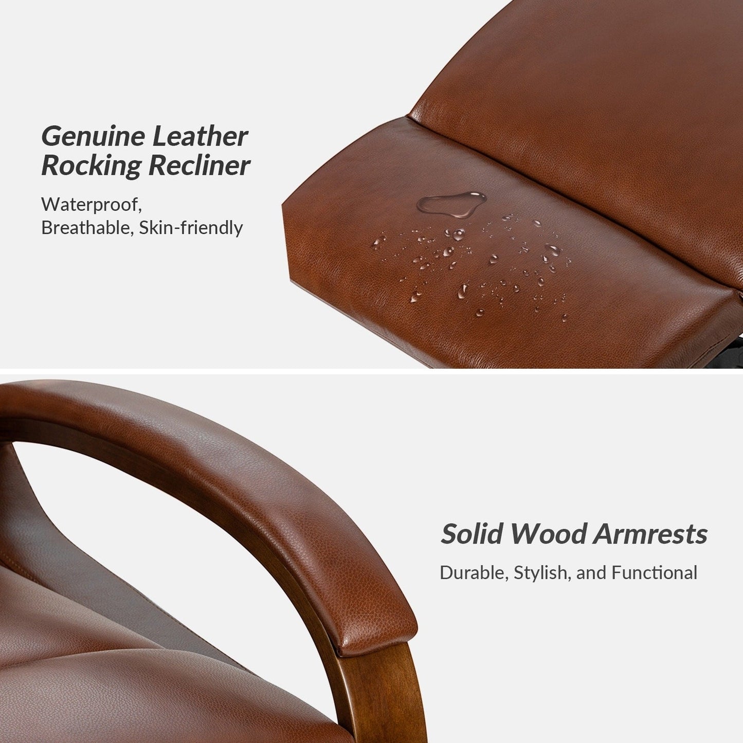 Poltrona girevole a dondolo reclinabile manuale Leopold in vera pelle con braccioli in legno, set da 2 di HULALA HOME