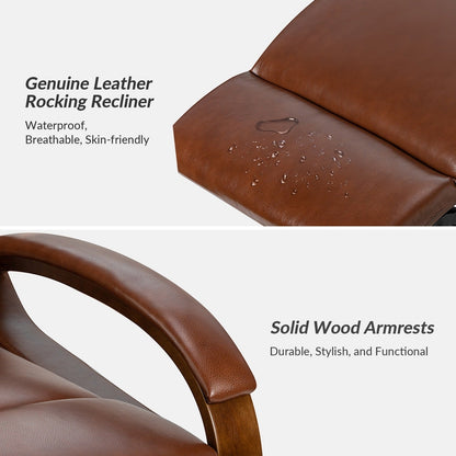 Poltrona girevole a dondolo reclinabile manuale Leopold in vera pelle con braccioli in legno, set da 2 di HULALA HOME