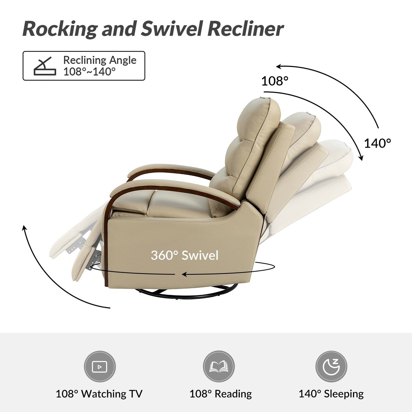 Poltrona girevole a dondolo reclinabile manuale Leopold in vera pelle con braccioli in legno, set da 2 di HULALA HOME