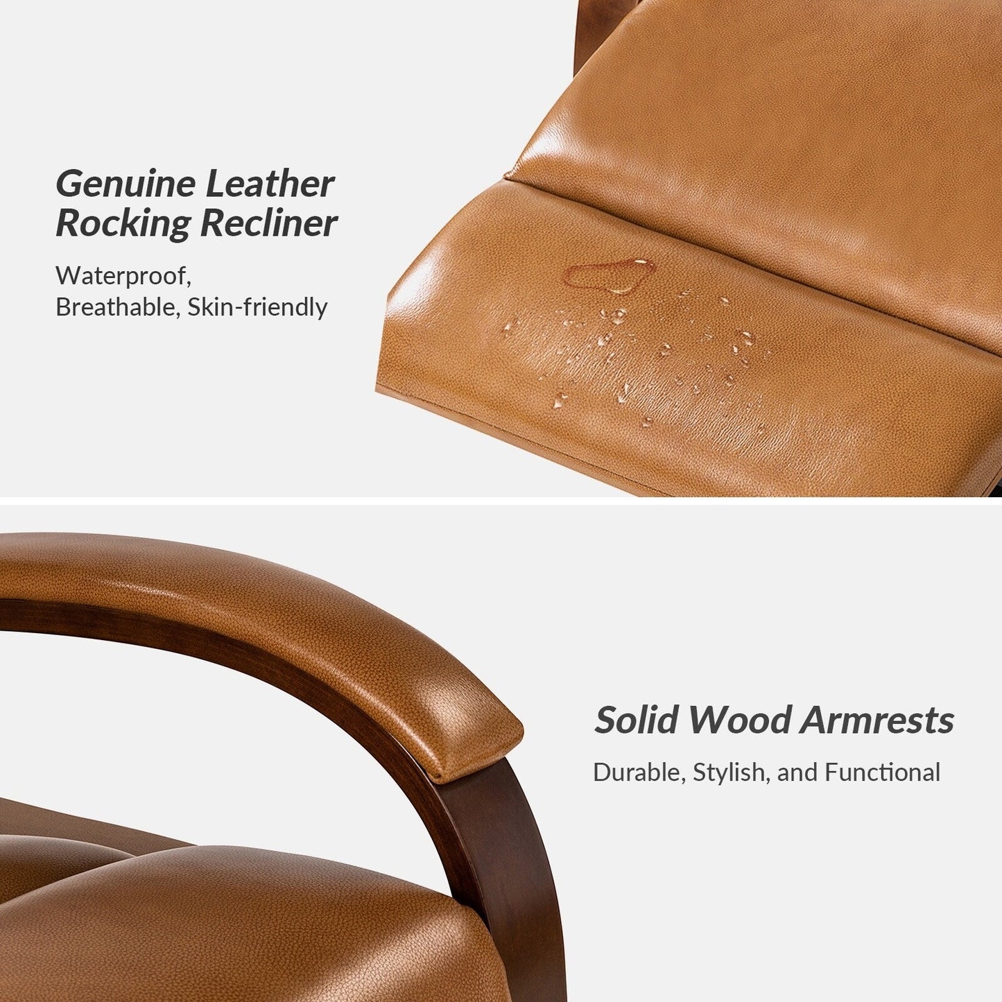 Poltrona girevole a dondolo reclinabile manuale Leopold in vera pelle con braccioli in legno, set da 2 di HULALA HOME