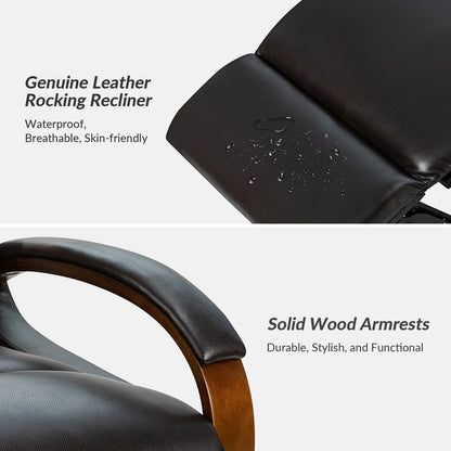 Poltrona girevole a dondolo reclinabile manuale Leopold in vera pelle con braccioli in legno, set da 2 di HULALA HOME