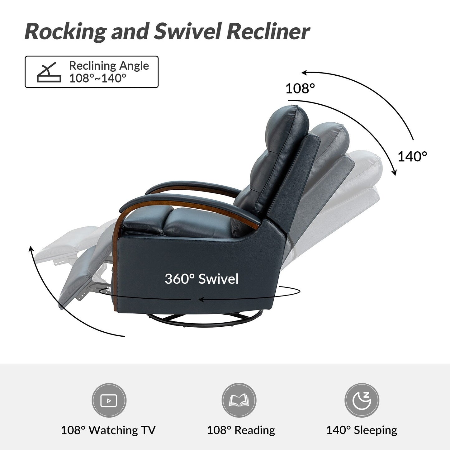 Poltrona girevole a dondolo reclinabile manuale Leopold in vera pelle con braccioli in legno, set da 2 di HULALA HOME