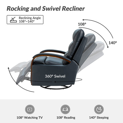 Poltrona girevole a dondolo reclinabile manuale Leopold in vera pelle con braccioli in legno, set da 2 di HULALA HOME