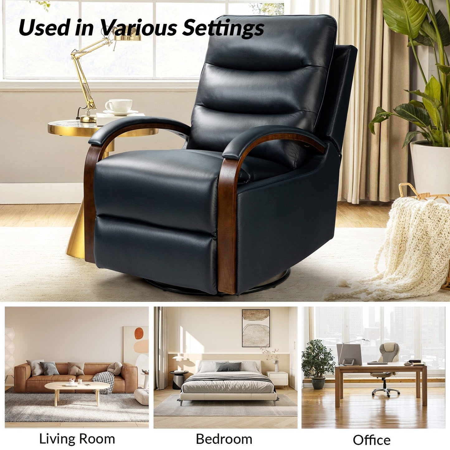 Poltrona girevole a dondolo reclinabile manuale Leopold in vera pelle con braccioli in legno, set da 2 di HULALA HOME