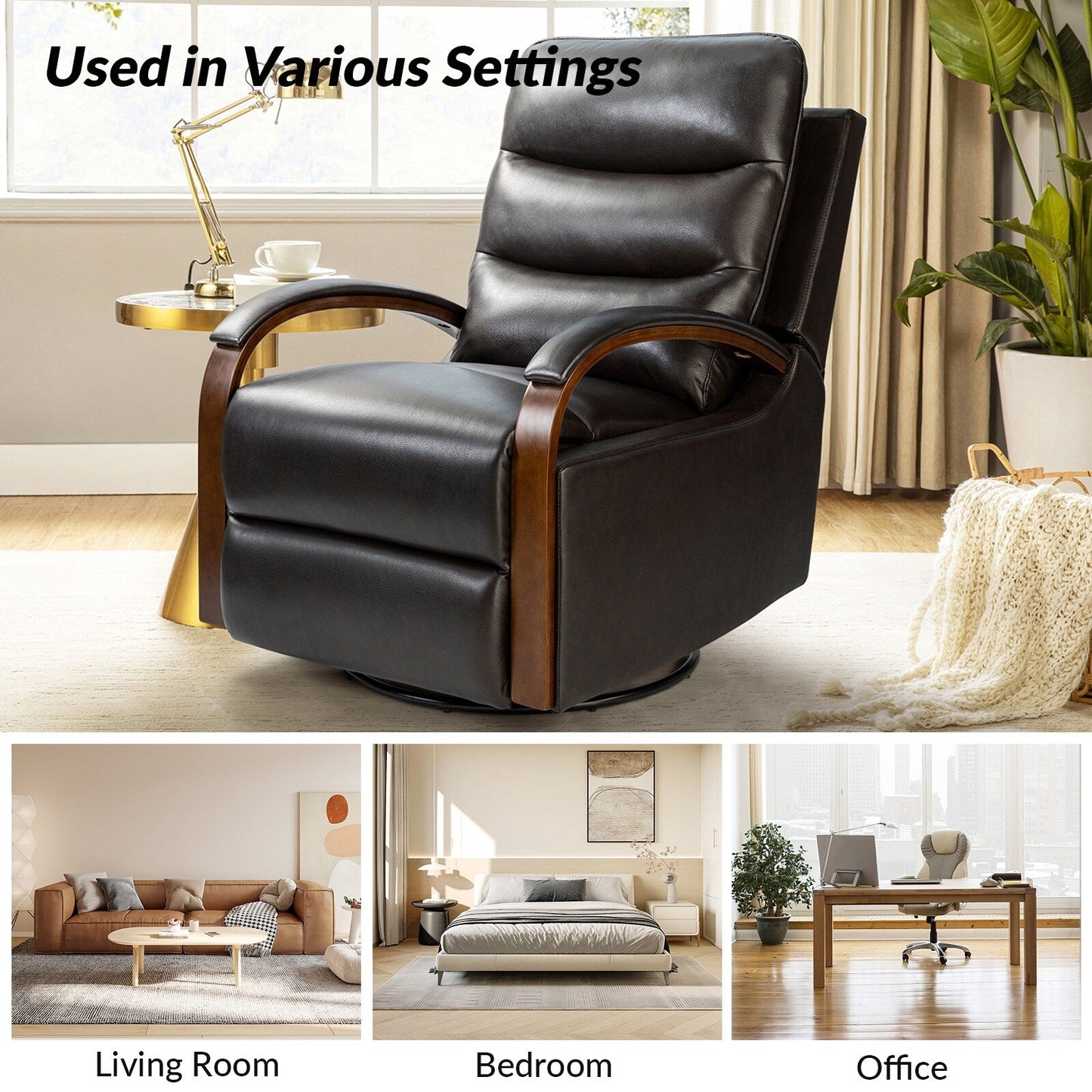 Poltrona girevole a dondolo reclinabile manuale Leopold in vera pelle con braccioli in legno, set da 2 di HULALA HOME