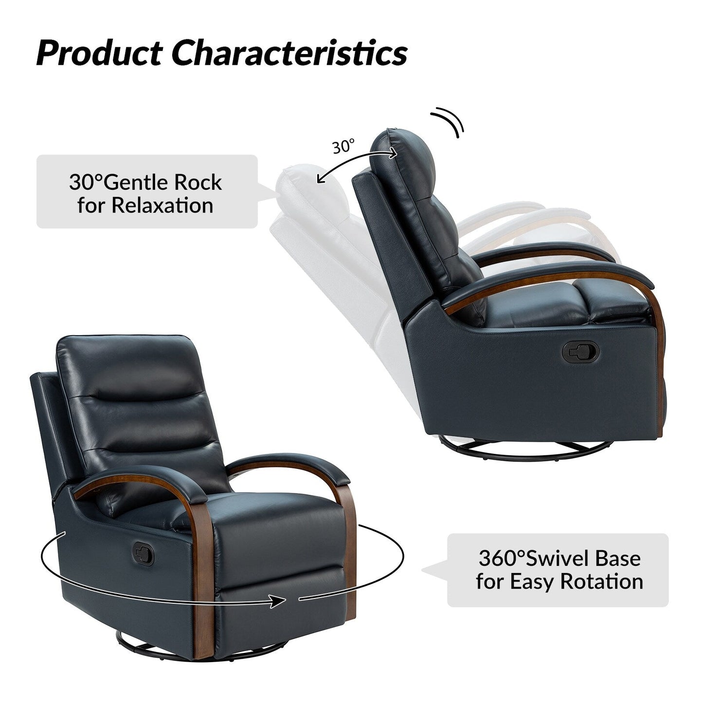 Poltrona girevole a dondolo reclinabile manuale Leopold in vera pelle con braccioli in legno, set da 2 di HULALA HOME