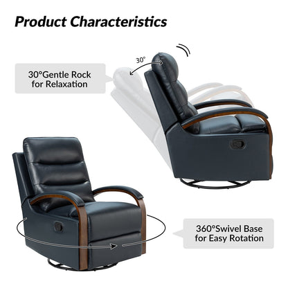 Poltrona girevole a dondolo reclinabile manuale Leopold in vera pelle con braccioli in legno, set da 2 di HULALA HOME